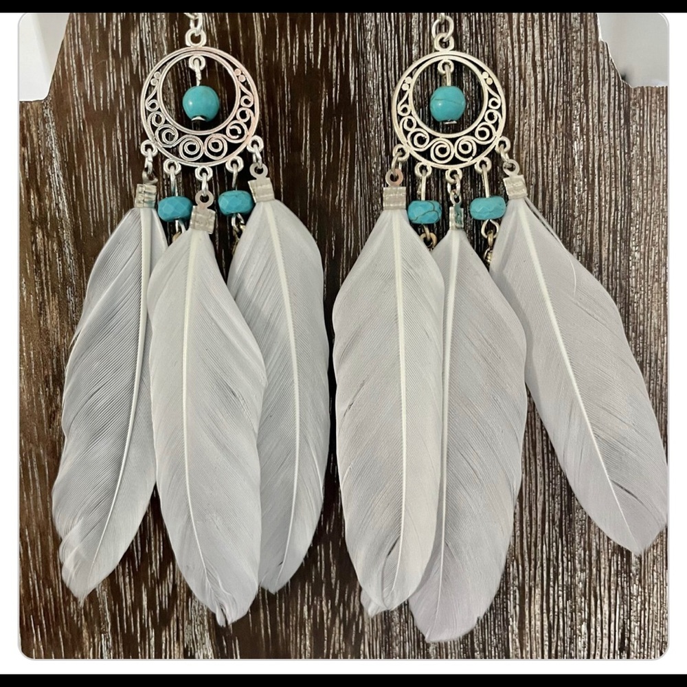 Indian Turquoise Boho  White Feather Fringe Earrings